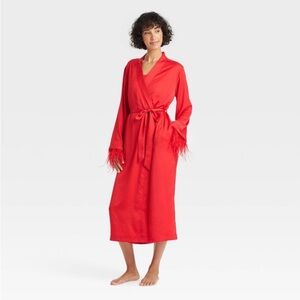 Satin And Feather Trim Sleeves Robe With Waist Tie - Auden Black Red NWT